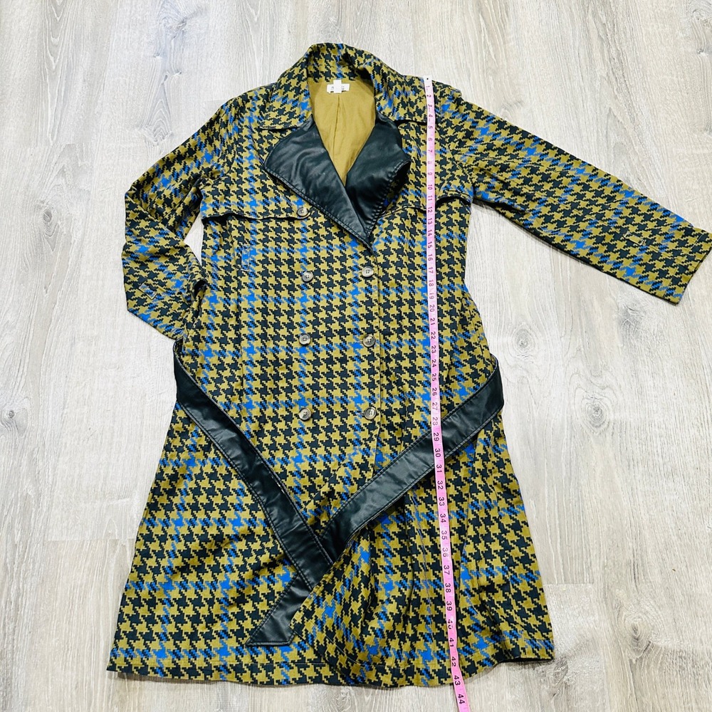 The Drop signedblake Houndstooth Trench Coat Olive Blue Faux Leather Trim M - Picture 6 of 16